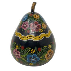 Vintage Folk Art Gourd Hand Painted Black Floral Trinket Box ~Mexico ~Pear Shape